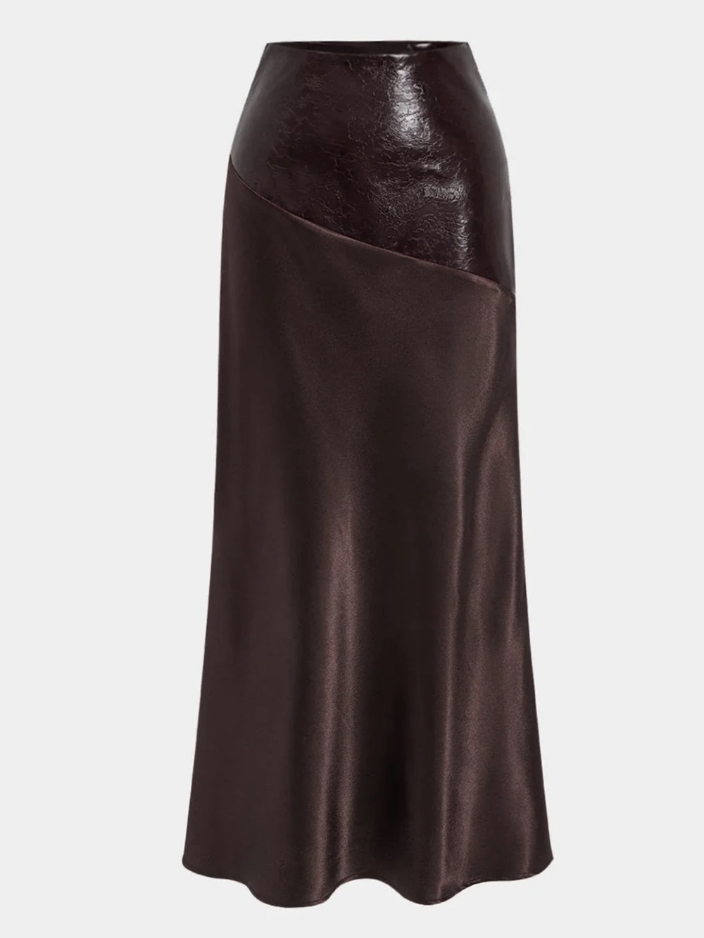Commense Dark Brown Faux Leather Paneled Satin Maxi Skirt Size XL
